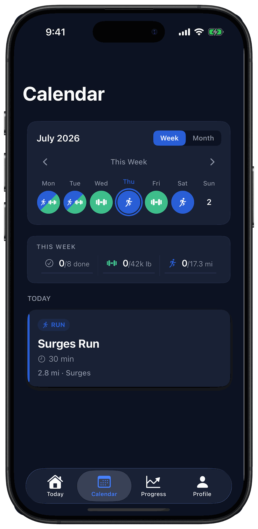 FitCove Calendar — a hybrid week with runs and lifts scheduled together, tracking miles and pounds