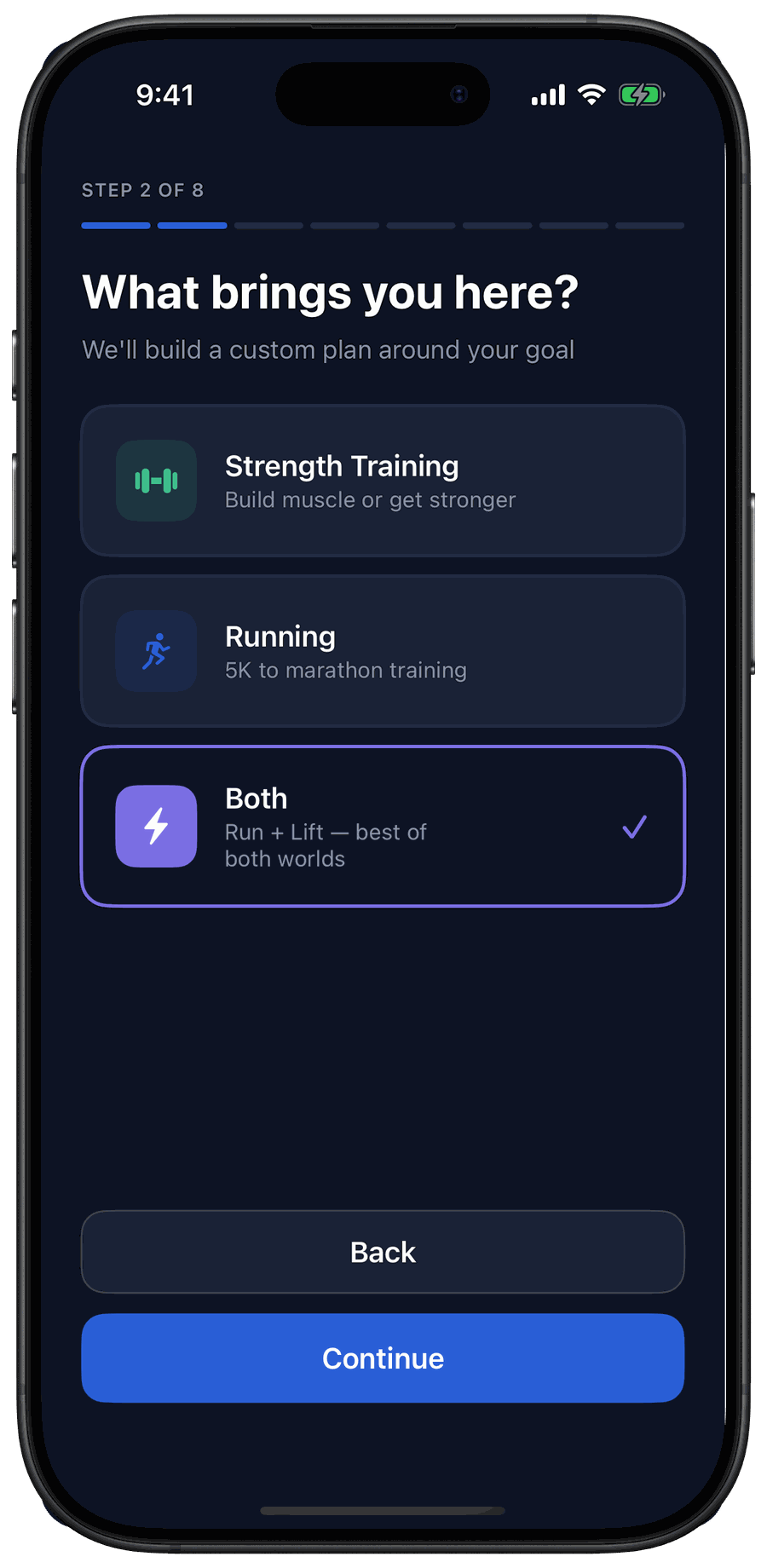FitCove onboarding — choosing a goal: Strength Training, Running, or Both (Run + Lift)
