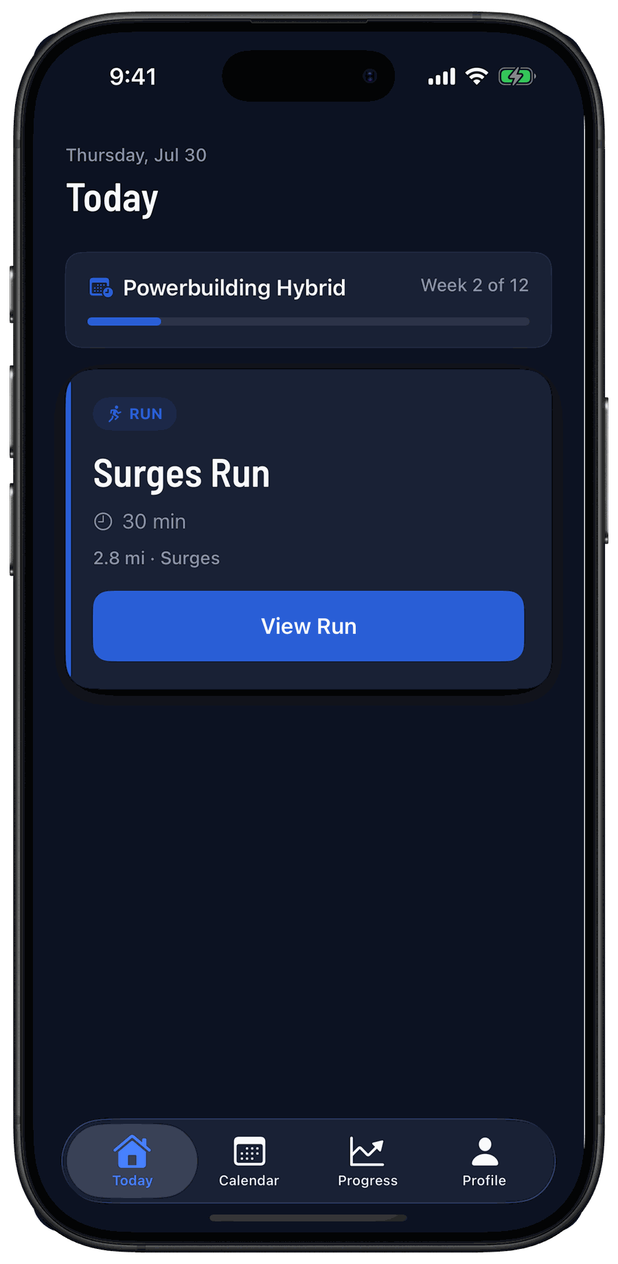 FitCove Today screen — Powerbuilding Hybrid, week 2 of 12, with a Surges Run on deck