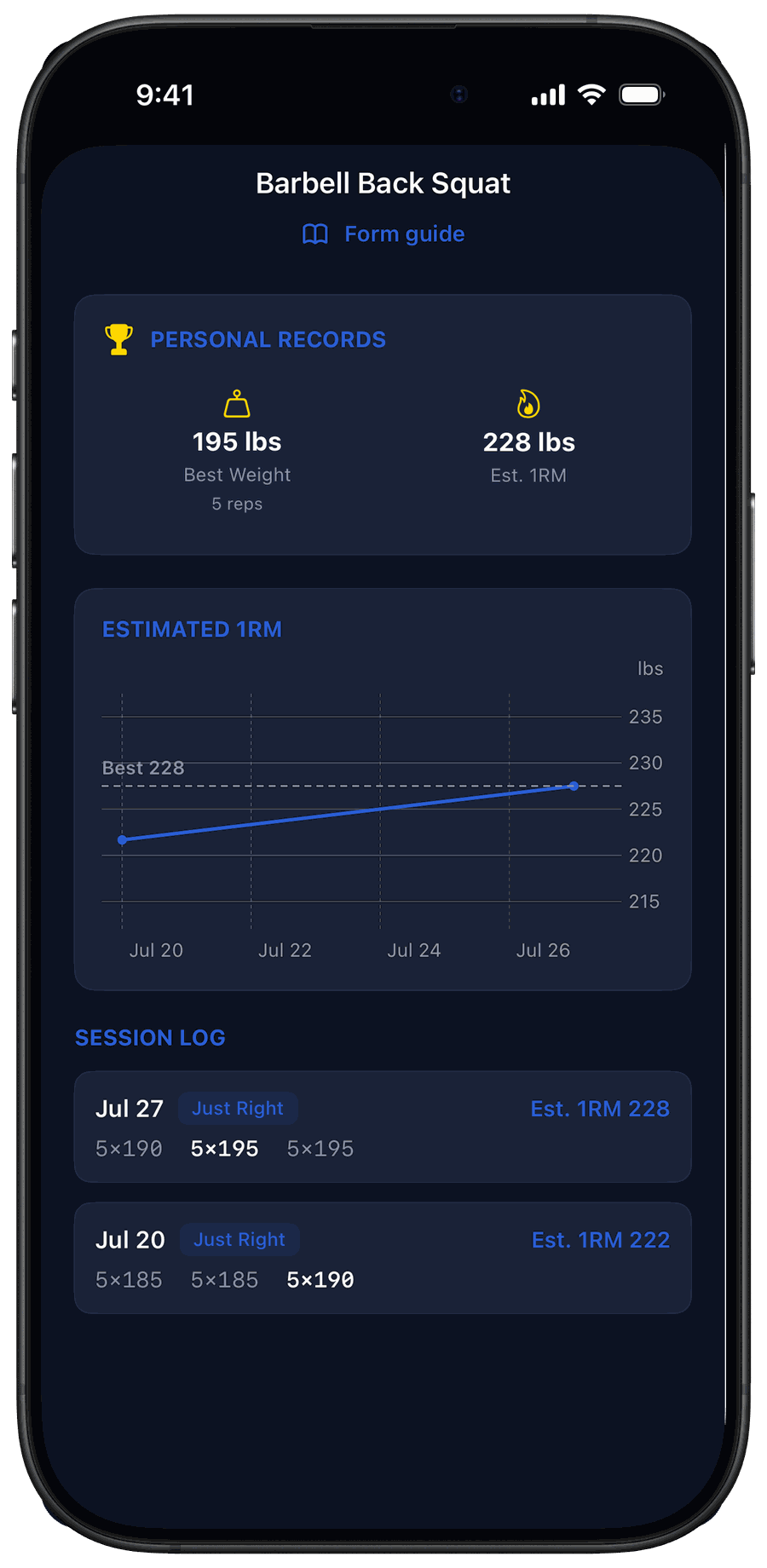 FitCove progress for Barbell Back Squat — personal records, estimated 1RM chart, and session log
