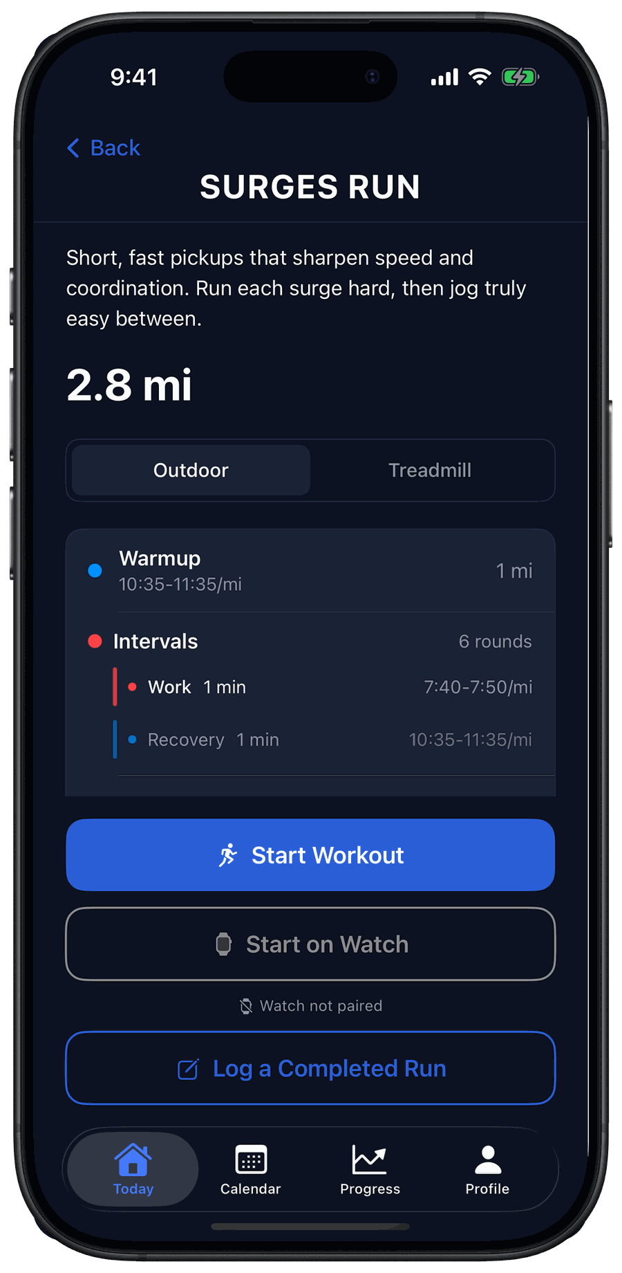 FitCove Surges Run detail — 2.8 miles with warmup, 6 interval rounds at 7:40–7:50 per mile, and recovery paces