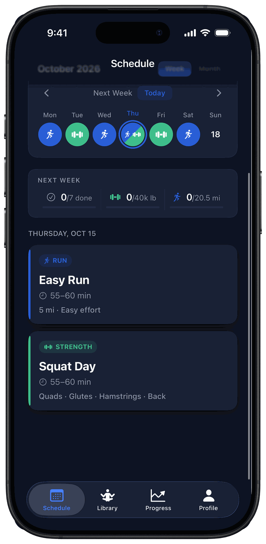 FitCove Schedule — a hybrid week; Thursday has an Easy Run and Squat Day on the same day