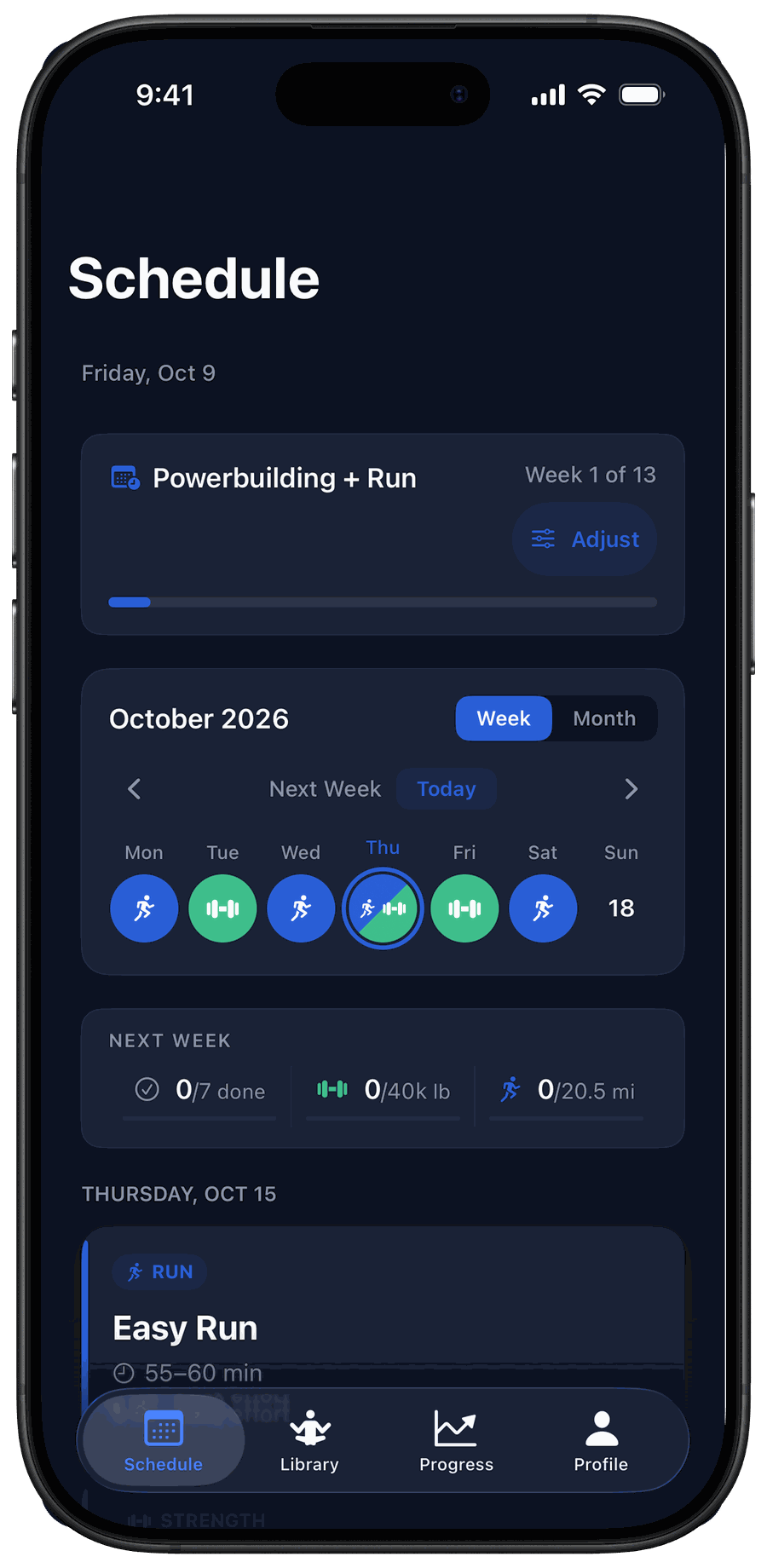 FitCove Schedule — a week of runs and lifts, with Thursday's Easy Run up next