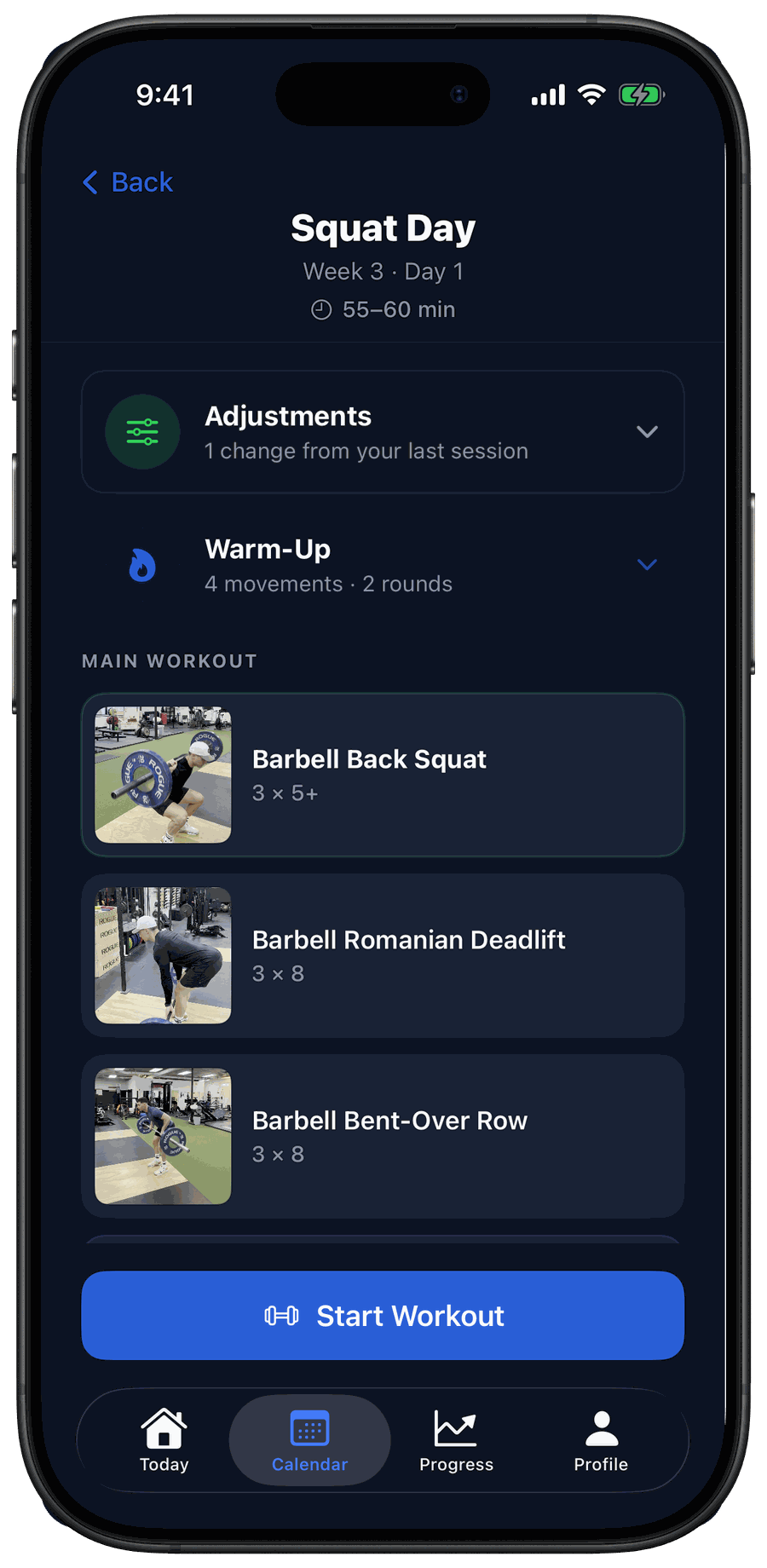 FitCove Squat Day overview — coach adjustments from your last session, warm-up block, and Barbell Back Squat, Romanian Deadlift, and Bent-Over Row with video demos
