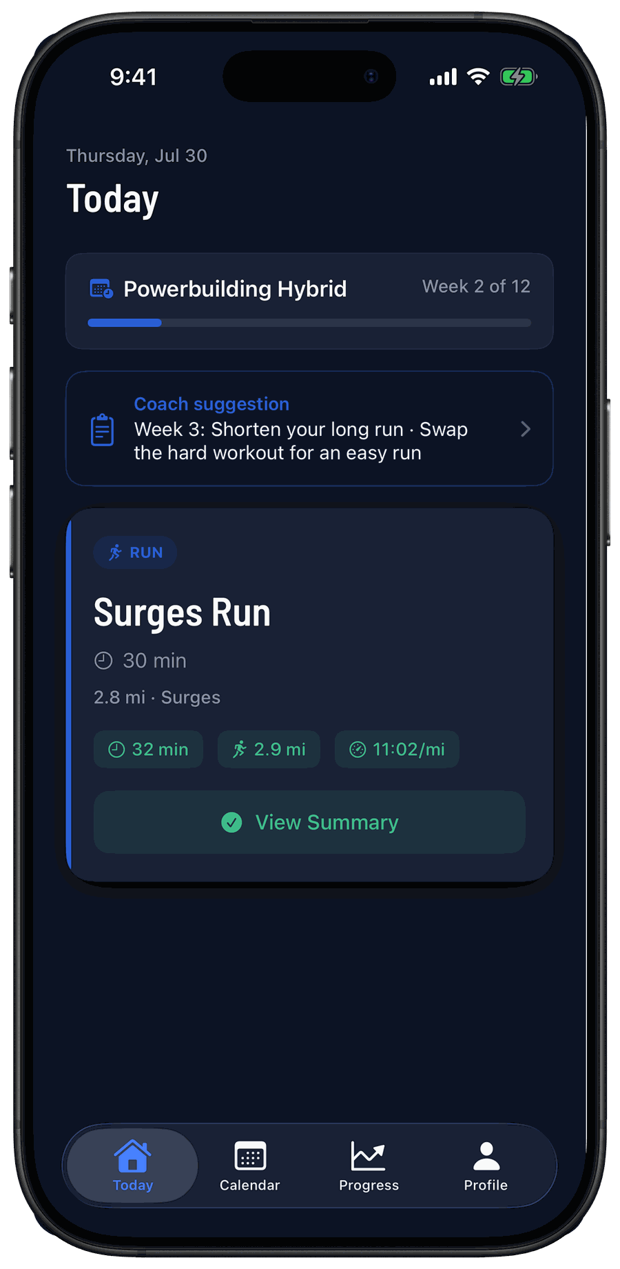 FitCove Today — a coach suggestion to shorten next week's long run, above a completed run