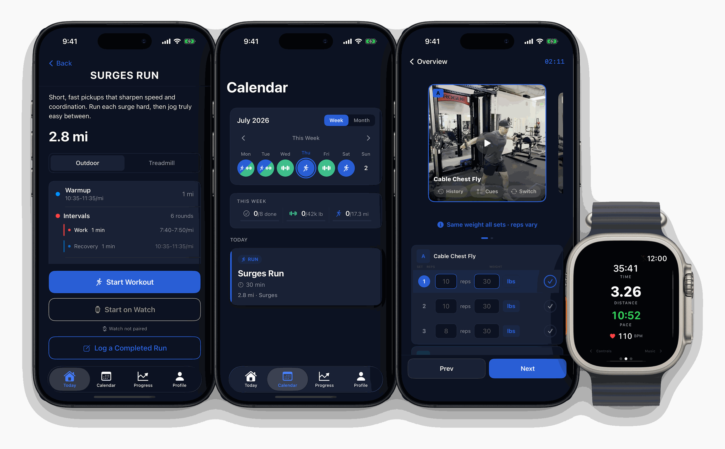 FitCove on iPhone and Apple Watch Ultra — a Surges Run with target paces, a week of runs and lifts in one plan, prescribed sets for Cable Chest Fly, and live pace on the watch